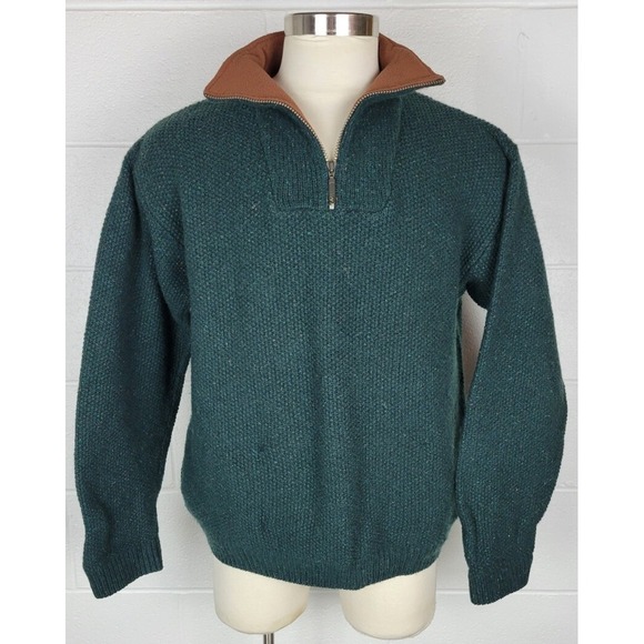 Orvis Mens Green Flecked‎ Wool 1/4 Zip Sweater w. Pockets L